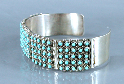Authentic Native American handmade sterling silver and turquoise snake eyes bracelet by Zuni silversmith Sam Haloo size 6 3/4