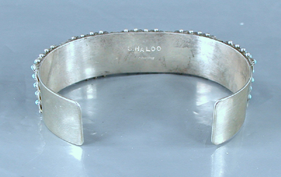 Authentic Native American handmade sterling silver and turquoise snake eyes bracelet by Zuni silversmith Sam Haloo size 6 3/4