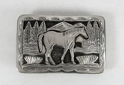 Navajo Sterling Silver Overlay Horse belt buckle