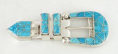 Authentic Native American Ranger Buckle Set of Kingman Turquoise and Sterling Silver Sterling silver by Zuni Stanford Coochi