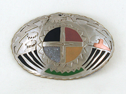 Authentic Native American Mitchell Zephier Lakota Sterling Silver and stone Four Colors Medicine Wheel Belt Buckle