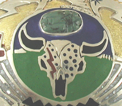 Authentic Native American Mitchell Zephier Lakota Nickel Silver and stone Eagle Holding Bison Skull Belt Buckle