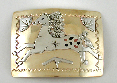 Authentic Native American running horse belt buckle of nickel silver, brass and pipestone by Lakota artisan Mitchell Zephier