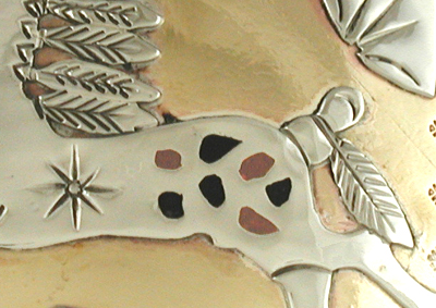 Authentic Native American running horse belt buckle of nickel silver, brass and pipestone by Lakota artisan Mitchell Zephier