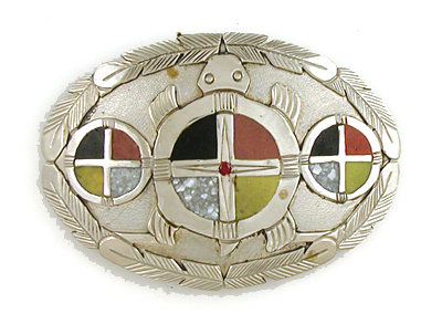 Authentic Native American Turtle Medicine Wheels belt buckle of nickel silver, brass and alabaster by Lakota artisan Mitchell Zephier