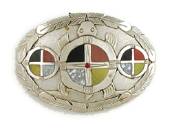 Authentic Native American Turtle Medicine Wheels belt buckle of nickel silver, brass and alabaster by Lakota artisan Mitchell Zephier