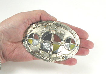Authentic Native American Turtle Medicine Wheels belt buckle of nickel silver, brass and alabaster by Lakota artisan Mitchell Zephier