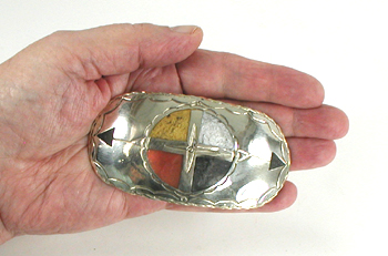 Authentic Native American Medicine Wheel belt buckle of nickel silver and brass by Lakota Visions artisan Mitchell Zephier