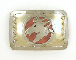 Authentic Native American horse spirit belt buckle of nickel silver and brass by Lakota Visions artisan Mitchell Zephier
