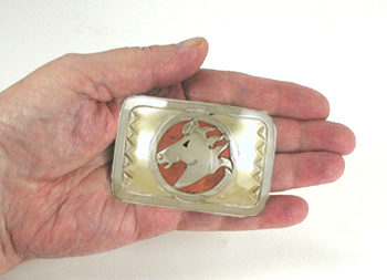 Authentic Native American horse spirit belt buckle of nickel silver and brass by Lakota Visions artisan Mitchell Zephier