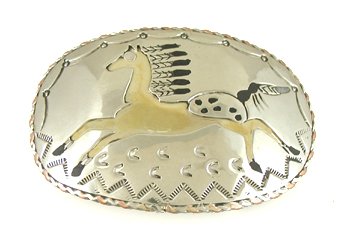 Authentic Native American running Appaloosa horse belt buckle of nickel silver and brass by Lakota Visions artisan Mitchell Zephier