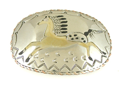 Authentic Native American running Appaloosa horse belt buckle of nickel silver and brass by Lakota Visions artisan Mitchell Zephier