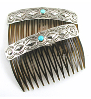 Authentic Native American Hair Combs of turquoise and stamped and repousse Sterling Silver by Navajo artisan Jenny Blackgoat