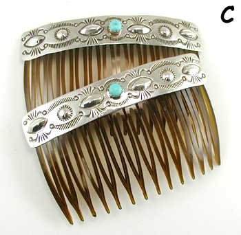 Authentic Native American Hair Combs of turquoise and stamped and repousse Sterling Silver by Navajo artisan Jenny Blackgoat