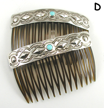 Authentic Native American Hair Combs of turquoise and stamped and repousse Sterling Silver by Navajo artisan Jenny Blackgoat