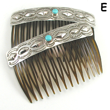 Authentic Native American Hair Combs of turquoise and stamped and repousse Sterling Silver by Navajo artisan Jenny Blackgoat