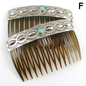 Authentic Native American Hair Combs of turquoise and stamped and repousse Sterling Silver by Navajo artisan Jenny Blackgoat