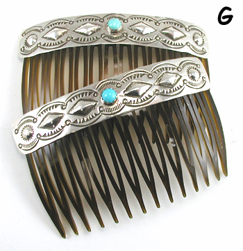 Authentic Native American Hair Combs of turquoise and stamped and repousse Sterling Silver by Navajo artisan Jenny Blackgoat