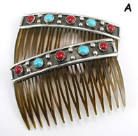 Authentic Native American Hair Combs of turquoise and coral and sterling silver by Navajo artisan Paul Largo