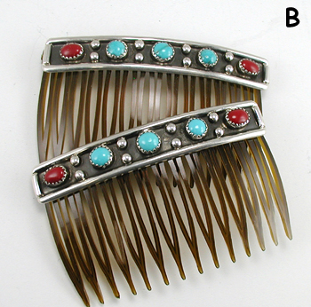 Authentic Native American Hair Combs of turquoise and coral and sterling silver by Navajo artisan Paul Largo