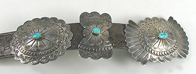 Authentic Native American stamped sterling silver and turquoise Concho belt by Navajo artisan Marcella James