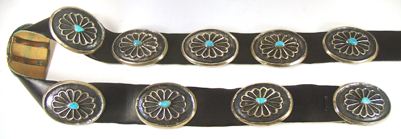 new old stock heavy Cast sterling silver and turquoise concho belt 42 inches long with 9 conchos