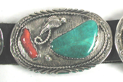 Authentic Native American Sterling Silver, Turquoise and coral Concho Belt by Navajo artisan Mary Dayea