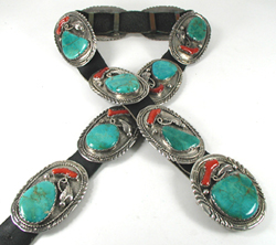 Authentic Native American Sterling Silver, Turquoise and coral Concho Belt by Navajo artisan Mary Dayea
