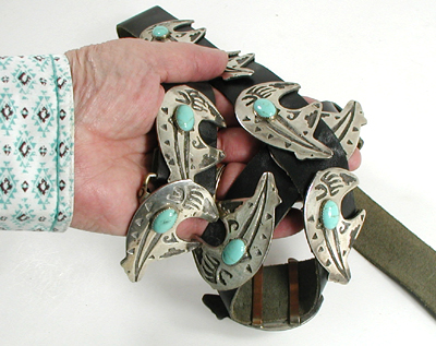Authentic Native American sterling silver overlay and turquoise medicine bears concho belt by Navajo artisan Emerson Kinzel