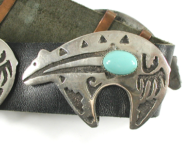 Authentic Native American sterling silver overlay and turquoise medicine bears concho belt by Navajo artisan Emerson Kinzel