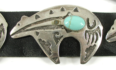 Authentic Native American sterling silver overlay and turquoise medicine bears concho belt by Navajo artisan Emerson Kinzel