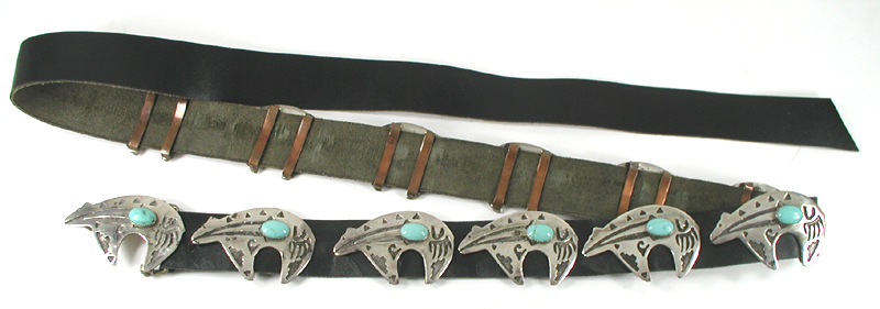 Authentic Native American sterling silver overlay and turquoise medicine bears concho belt by Navajo artisan Emerson Kinzel
