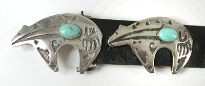 Authentic Native American sterling silver overlay and turquoise medicine bears concho belt by Navajo artisan Emerson Kinzel