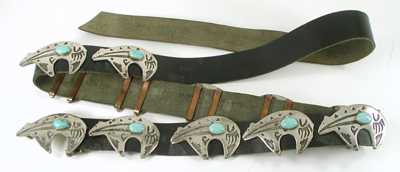 Authentic Native American sterling silver overlay and turquoise medicine bears concho belt by Navajo artisan Emerson Kinzel