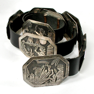 Authentic Native American sterling silver overlay and turquoise Storyteller concho belt by Navajo artisan Lloyd Becenti