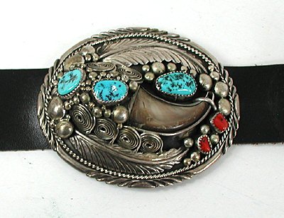 Vintage Native American bear claw turquoise and coral concho belt by Navajo Elaine Sam