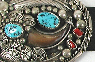 Vintage Native American bear claw turquoise and coral concho belt by Navajo Elaine Sam