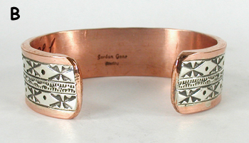 Copper with sterling silver overlay Bracelet by Navajo silversmith Jordan Gene