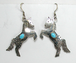 authentic Native American sterling silver and turquoise appaloosa horse wire earrings by Navajo artisan Frank Yazzie