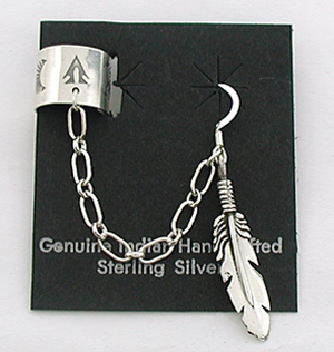 authentic Native American sterling silver ear cuff with chain and feather dangle by Navajo artisan Steve Arviso