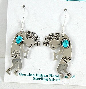 Authentic Native American sterling silver and turquoise Kokopelli wire earrings by Navajo Jeff James