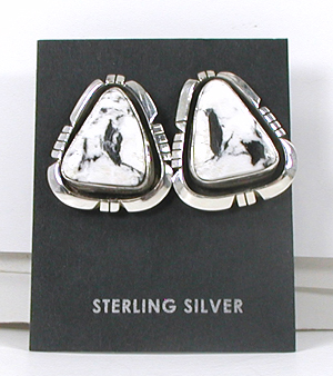 authentic Native American sterling silver and White Buffalo Stone wire earrings by Navajo artisan Alice McShirley