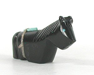 vintage Acoma Jet Horse fetish carving with turquoise arrowhead medicine bundle