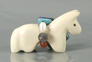 Authentic Native American Double Horse Fetish Carving of white serpentine and turquoise by Zuni artisan Cheryl Beyuka