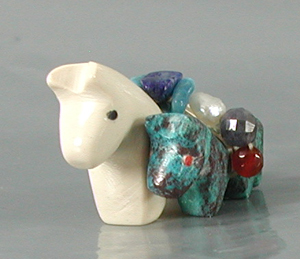 Authentic Native American Double Horse Fetish Carving of white serpentine and turquoise by Zuni artisan Cheryl Beyuka