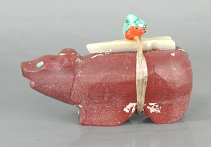 Authentic Native American Bear Fetish Carving of pipestone fossil and Turquoise by Zuni artisan Juana Homer