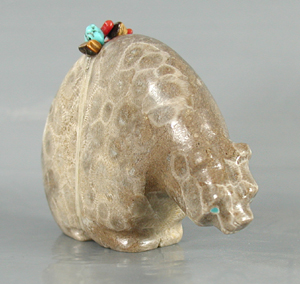 Authentic Native American Petosky Stone Bear Fetish carving by Zuni Farlan and Paulette Quam