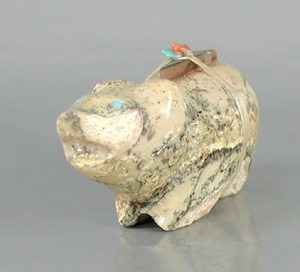 Authentic Native American Bear Fetish Carving of fishrock fossil and Turquoise by Zuni artisan Juana Homer