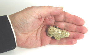 Authentic Native American Bear Fetish Carving of fishrock fossil and Turquoise by Zuni artisan Juana Homer