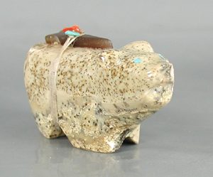 Authentic Native American Bear Fetish Carving of fishrock fossil and Turquoise by Zuni artisan Juana Homer